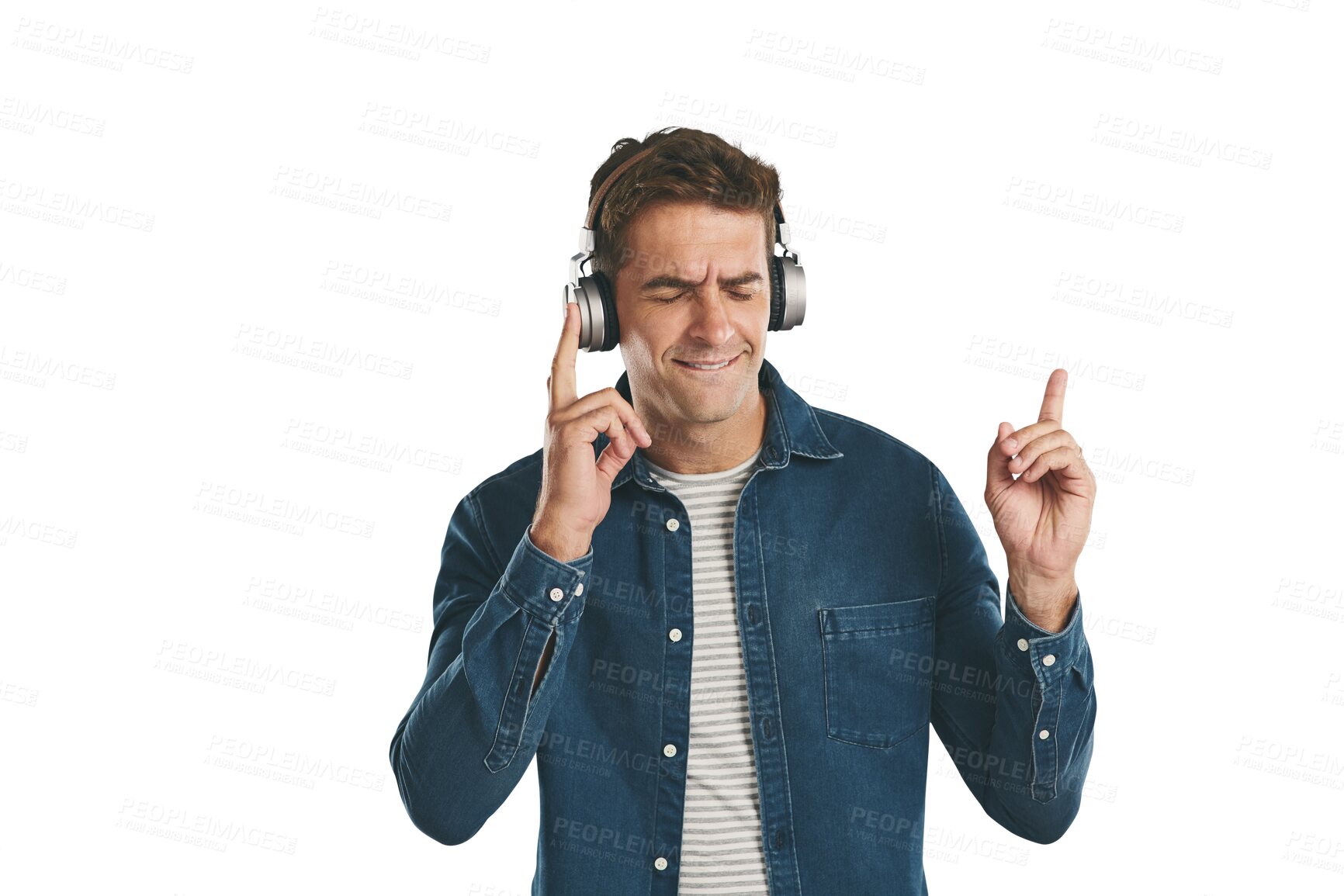 Buy stock photo Happy man, headphones and listening to music for audio streaming, sound track on a transparent PNG background. Isolated or young male person enjoying podcast, tune or songs on headset from playlist