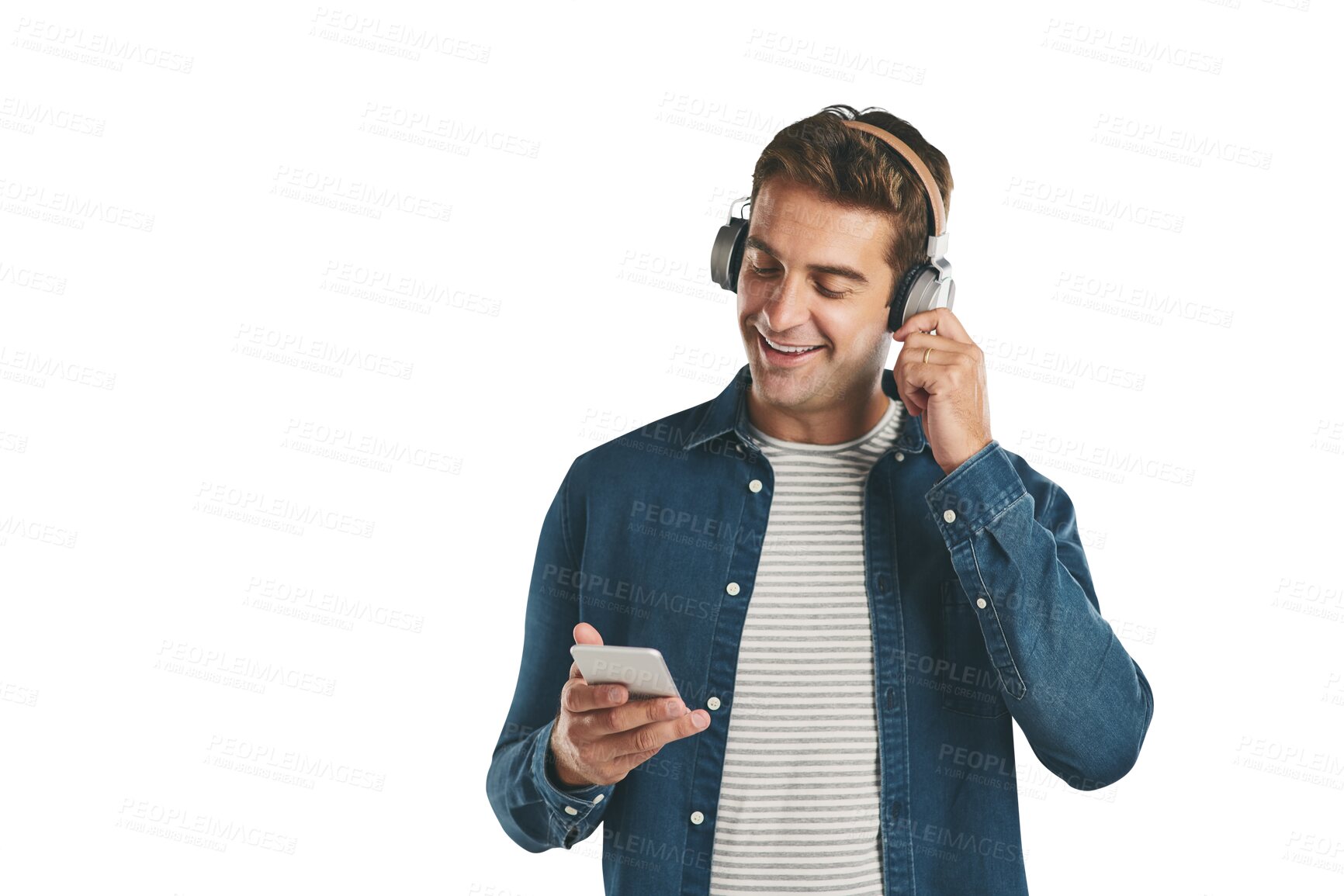 Buy stock photo Headphones, music and happy man with phone for streaming audio on isolated, transparent or png background. Smartphone, search and male person listening to radio, podcast or internet playlist choice