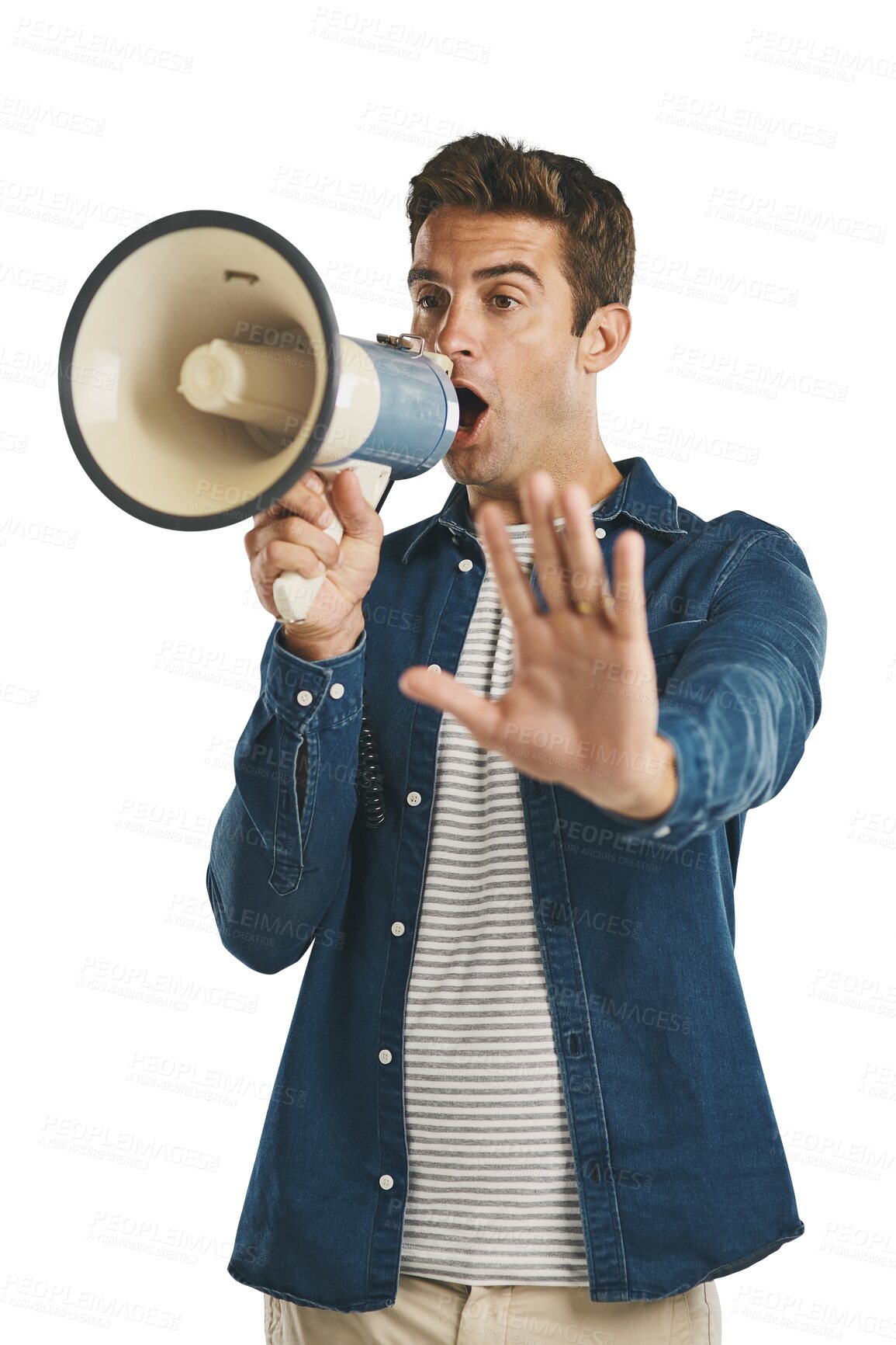 Buy stock photo Megaphone, noise or man shouting with stop, hands or announcement attention on isolated, transparent or png background. Speech, face or speaker with protest palm for change, transformation or freedom