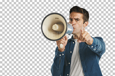 Buy stock photo Megaphone, speech or man portrait with hand pointing at you for change or attention on isolated, transparent or png background. Speaker, noise or leader with power emoji, invitation or call to action