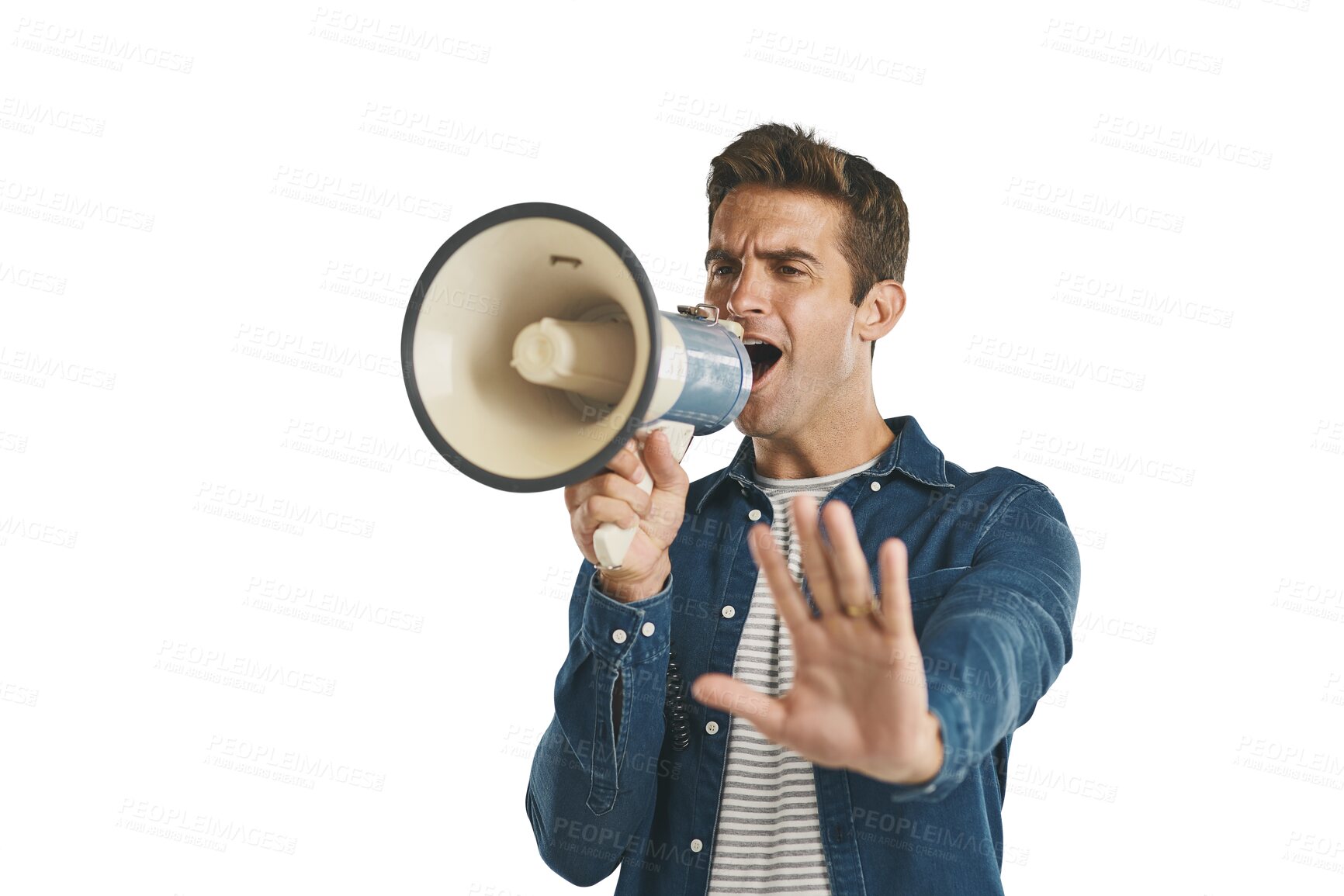 Buy stock photo Megaphone, noise or man portrait with stop, hands or announcement attention on isolated, transparent or png background. Speech, face or speaker with protest palm for change, transformation or freedom