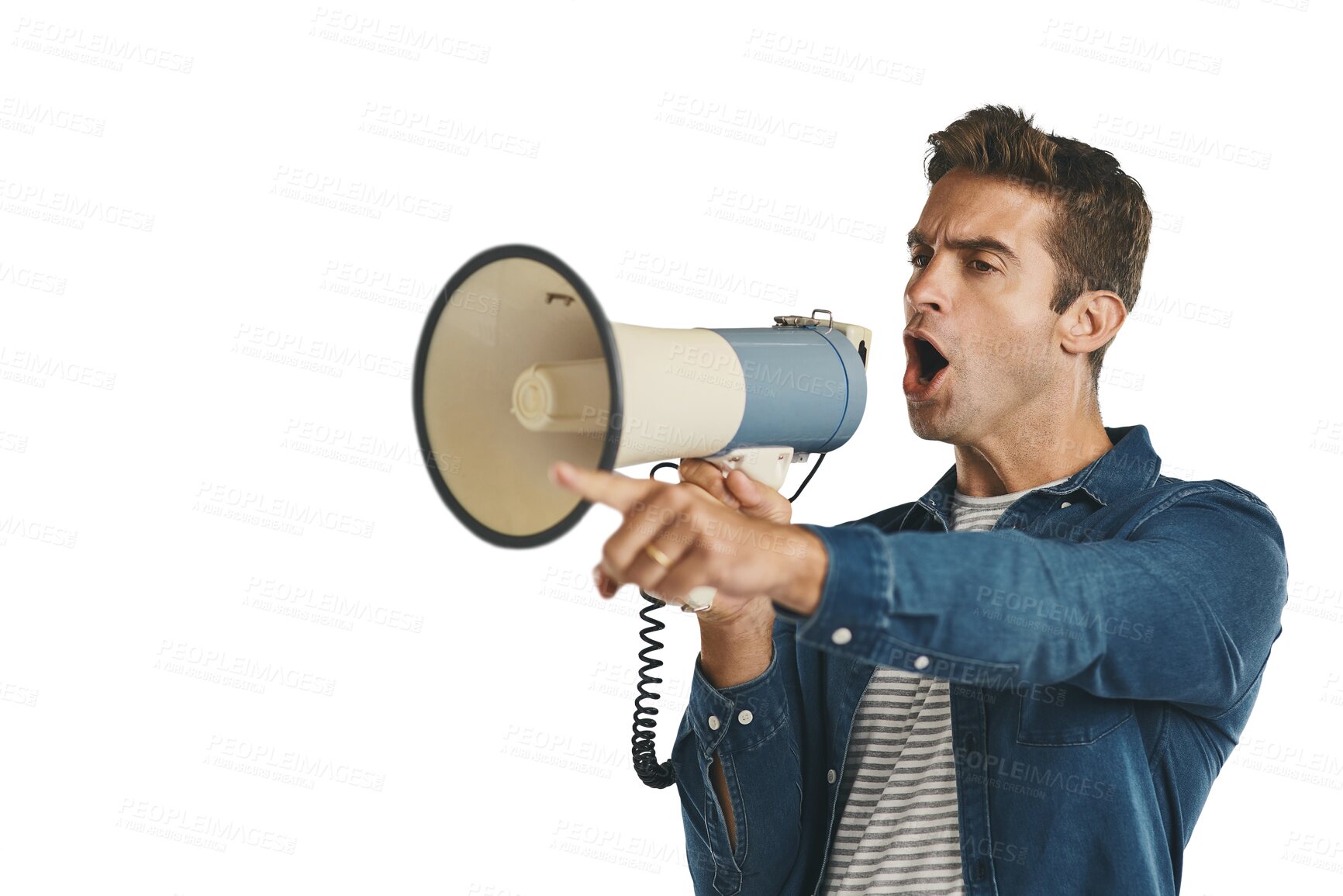 Buy stock photo Angry, speaker and man with news on megaphone or announcement on transparent or png background. Protest, speech or isolated frustrated person with bullhorn for voice or pointing for attention