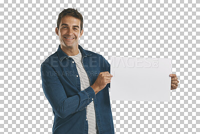 Buy stock photo Portrait, announcement and man with blank poster on deal promotion isolated on transparent png background. News, smile and happy person showing offer on paper, sign or billboard with mockup space.