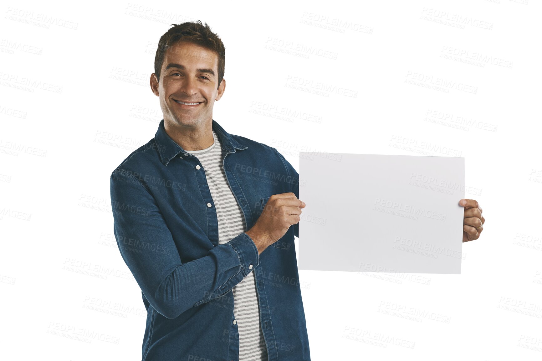 Buy stock photo Portrait, announcement and man with blank poster on deal promotion isolated on transparent png background. News, smile and happy person showing offer on paper, sign or billboard with mockup space.