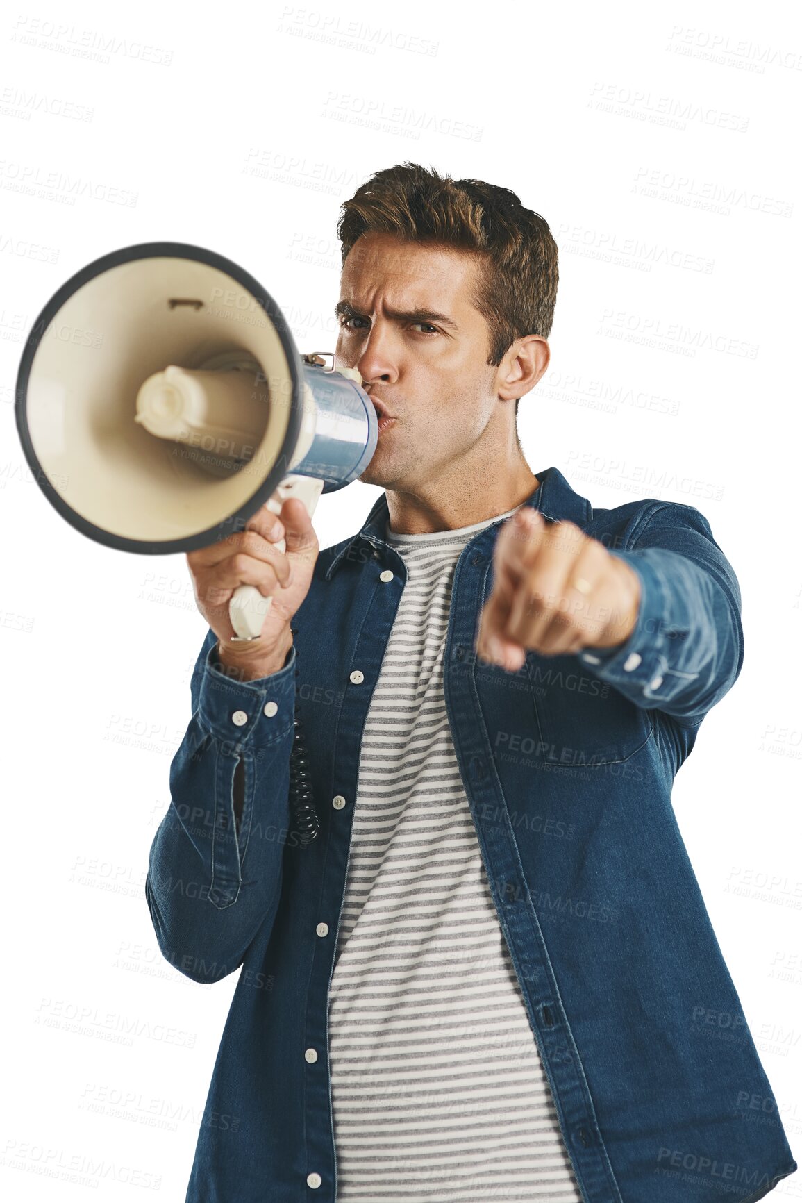 Buy stock photo Megaphone, announcement and man pointing to you at protest on transparent or png background. Recruitment, speech or isolated college student frustrated with bullhorn, voice and attention on rally
