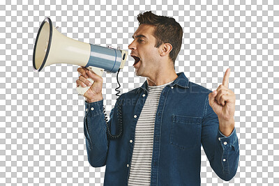 Buy stock photo Announcement, speaker and man with news on megaphone with information on transparent or png background. Protest, speech or isolated  person with bullhorn for voice or pointing for justice attention