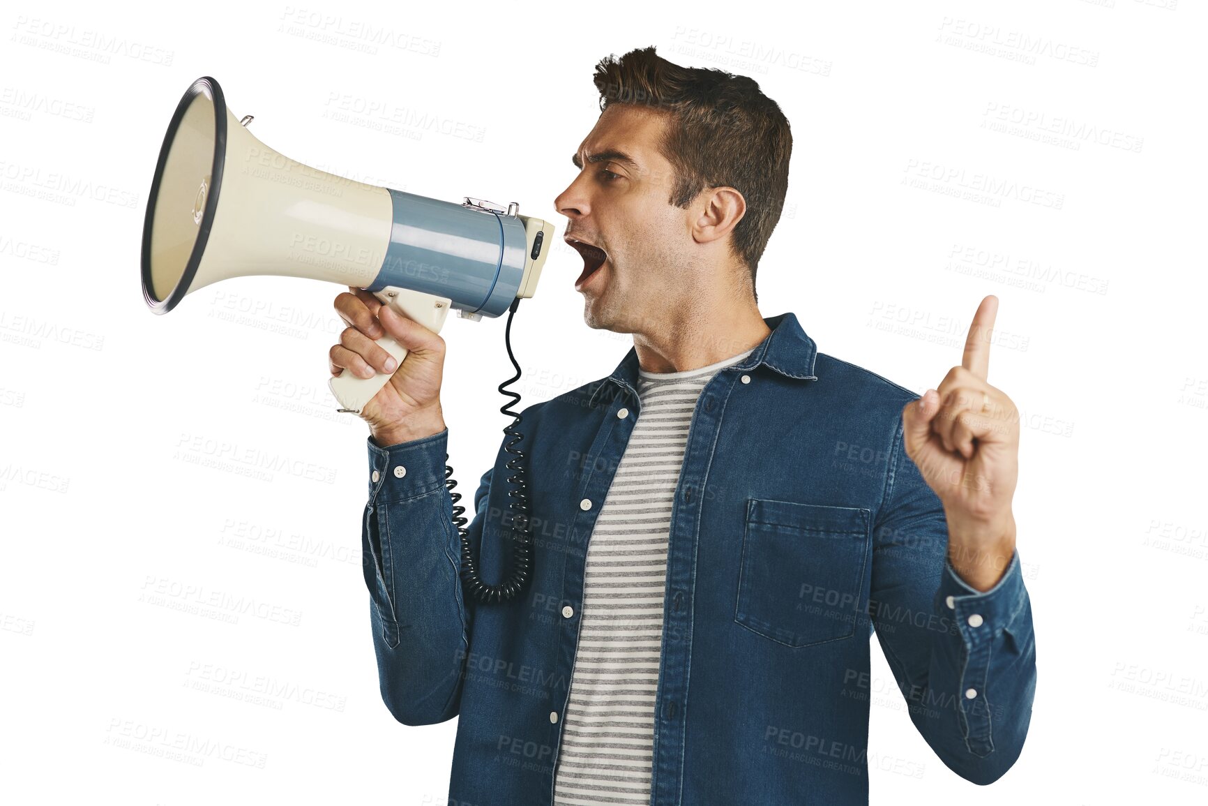 Buy stock photo Announcement, speaker and man with news on megaphone with information on transparent or png background. Protest, speech or isolated  person with bullhorn for voice or pointing for justice attention