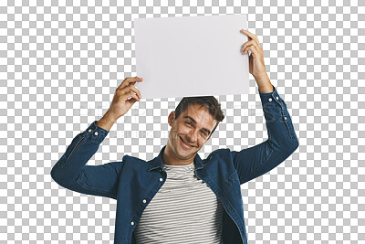 Buy stock photo Smile, portrait and man with blank poster on deal promotion isolated on transparent png background. News, announcement and happy person showing offer on paper, sign or billboard with mockup space
