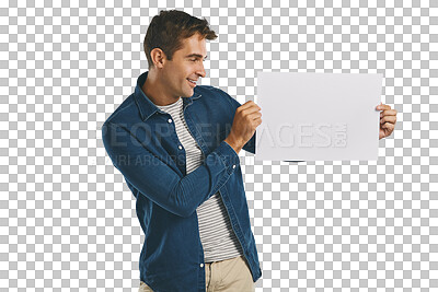 Buy stock photo Smile, announcement and man with blank banner on deal promotion isolated on transparent png background. News, presentation and happy person showing offer on paper, sign or billboard with mockup space