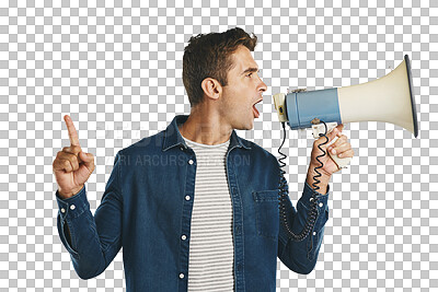 Buy stock photo Angry, speaker and man with megaphone pointing to announcement on transparent or png background. Protest, speech or isolated frustrated person with bullhorn, voice and attention for call to action