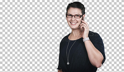 Buy stock photo Phone call, smile and woman with glasses for communication with positive, good and confident attitude. Happy, technology and person on mobile conversation with cellphone by transparent png background