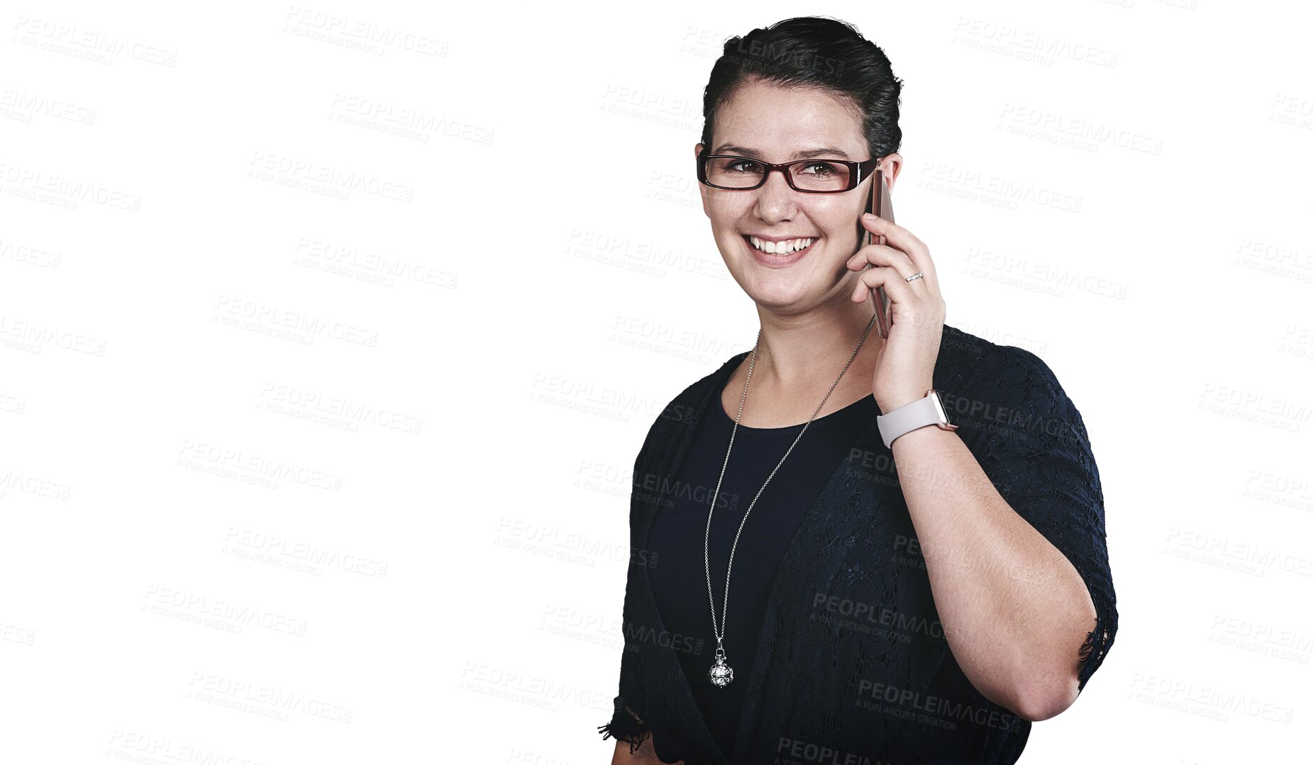 Buy stock photo Phone call, smile and woman with glasses for communication with positive, good and confident attitude. Happy, technology and person on mobile conversation with cellphone by transparent png background