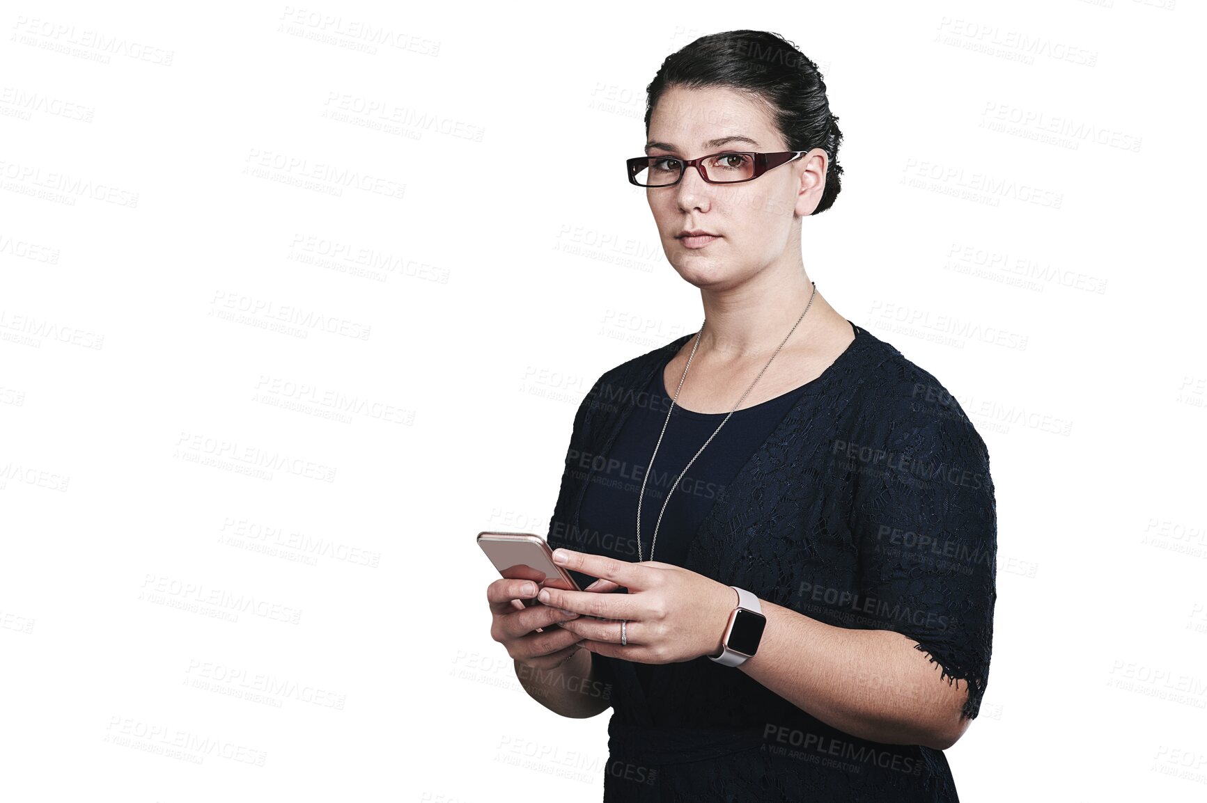 Buy stock photo Portrait, woman or glasses with phone for communication, research or social media browsing. Smartphone, accessories and businesswoman for texting, search and isolated on transparent png background