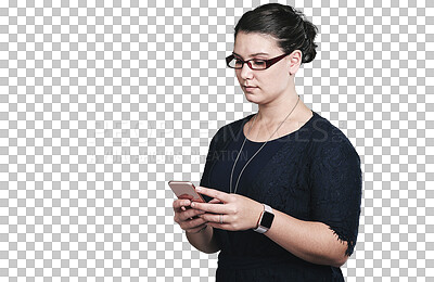 Buy stock photo Smartphone, typing or business woman on internet, research or social media in startup isolated on a transparent png background. Phone, serious or creative designer on website, scroll or reading email