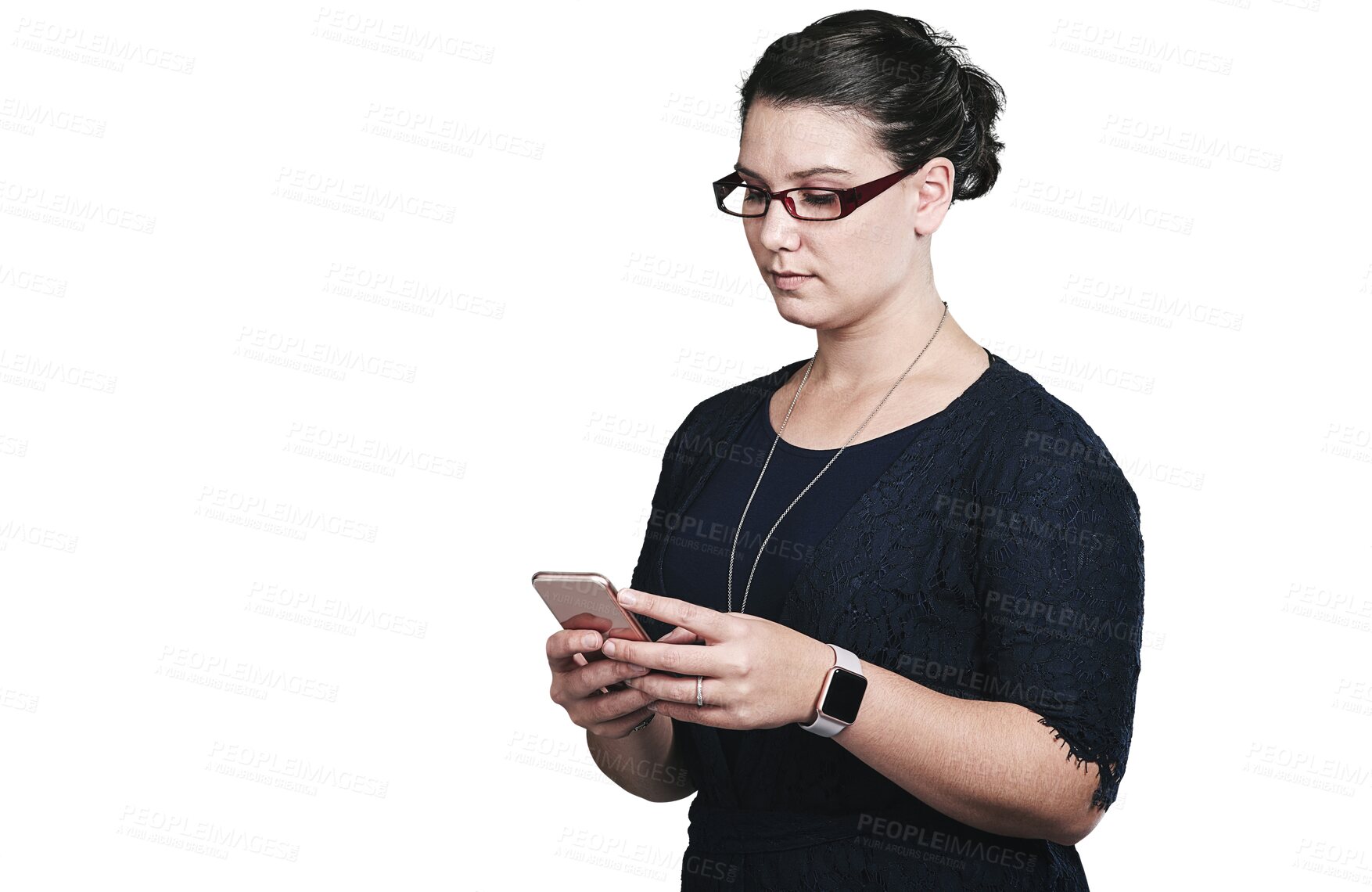 Buy stock photo Smartphone, typing or business woman on internet, research or social media in startup isolated on a transparent png background. Phone, serious or creative designer on website, scroll or reading email