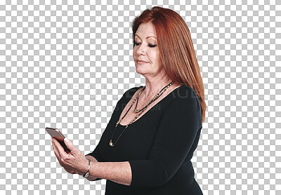 Buy stock photo Phone, manager and business woman reading email on internet, research and network isolated on a transparent png background. Smartphone, serious and mature designer on website, scroll and creative