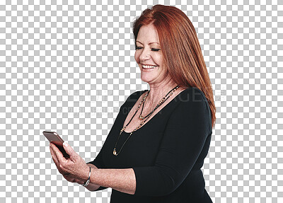 Buy stock photo Smartphone, happy manager and business woman reading email on internet, research and network on website isolated on a transparent png background. Phone, creative and mature designer on mobile app