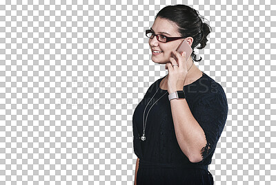 Buy stock photo Phone call, happy and woman with glasses for communication with positive, good and confident attitude. Smile, technology and person on mobile conversation with cellphone by transparent png background