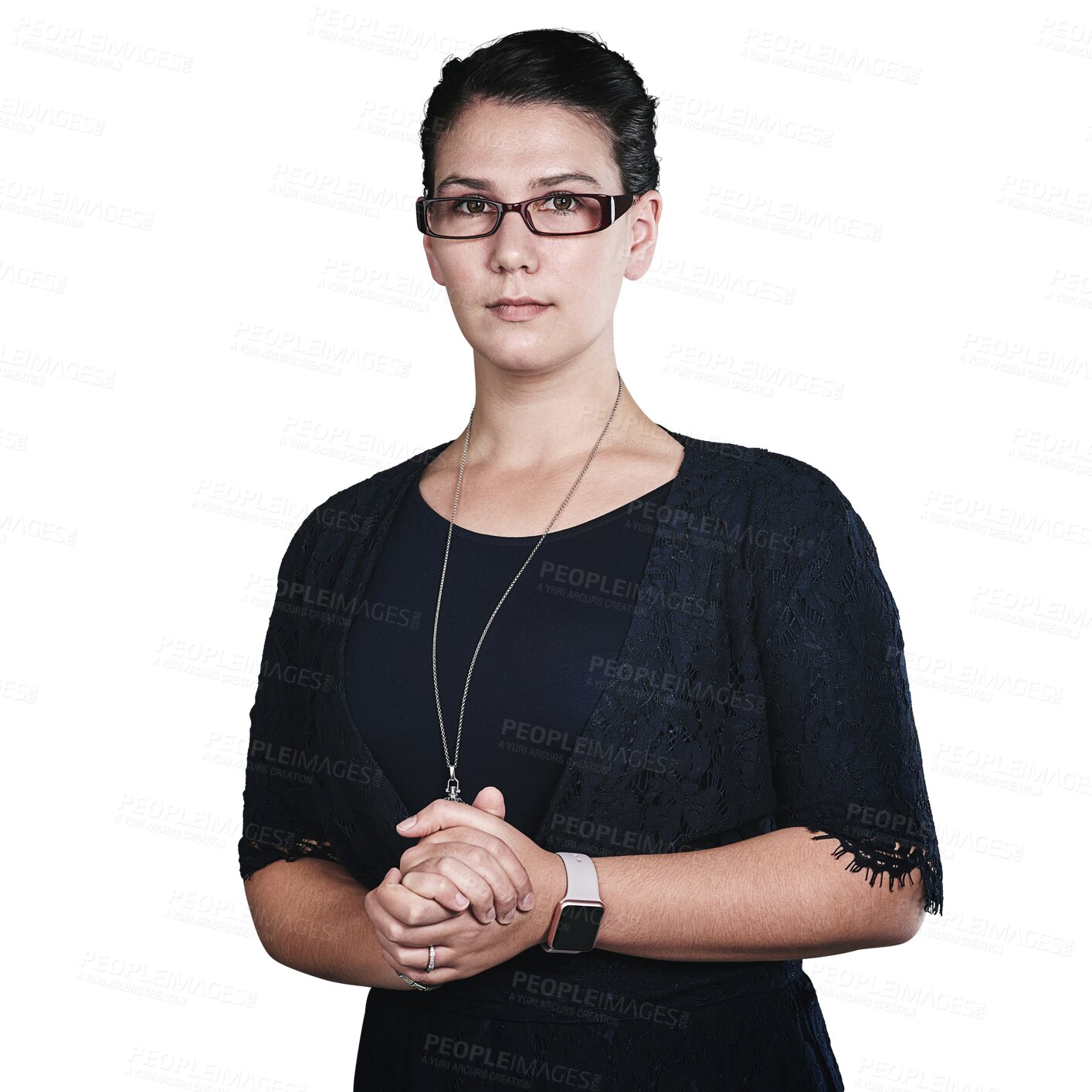 Buy stock photo Teacher, portrait and serious woman in glasses for education and academic isolated on png transparent background. Educator, school or university professor for learning, knowledge and confidence
