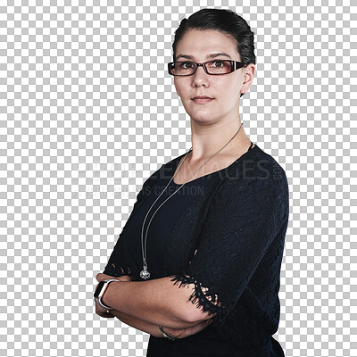 Buy stock photo Teacher, woman and arms crossed in portrait, glasses and education with confident academic on png transparent background. Educator, school or university professor for learning, knowledge and vision