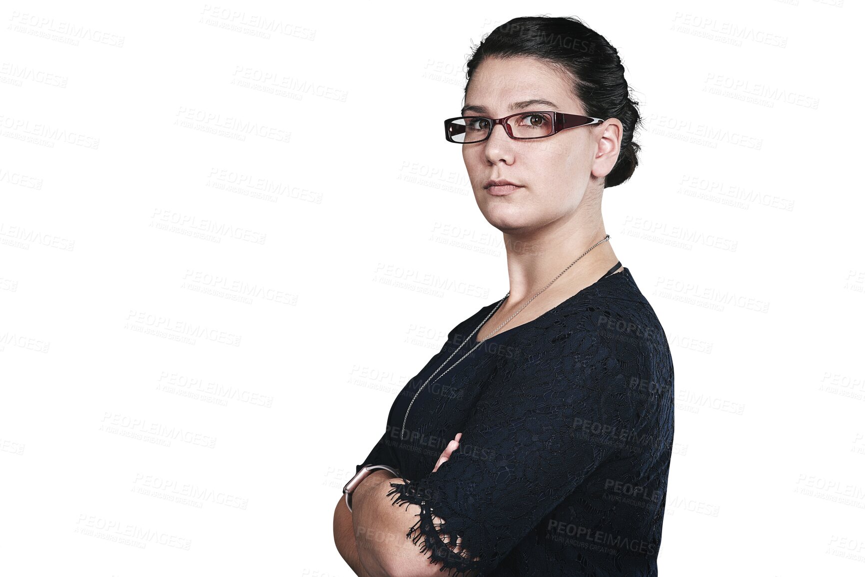 Buy stock photo Teacher, woman is serious and arms crossed in glasses, education and academic professional on png transparent background. Educator, school or university portrait for learning, knowledge and vision