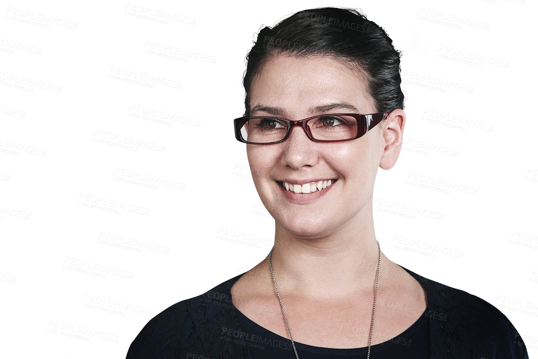 Buy stock photo Face, smile and thinking with woman in glasses isolated on transparent background for vision or eyesight. Future, planning and eyewear with happy young person on PNG in prescription frame lenses
