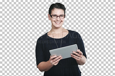 Buy stock photo Happy, tablet and portrait of woman networking on social media, app or the internet for communication. Smile, digital technology and female person read blog on website by transparent png background.