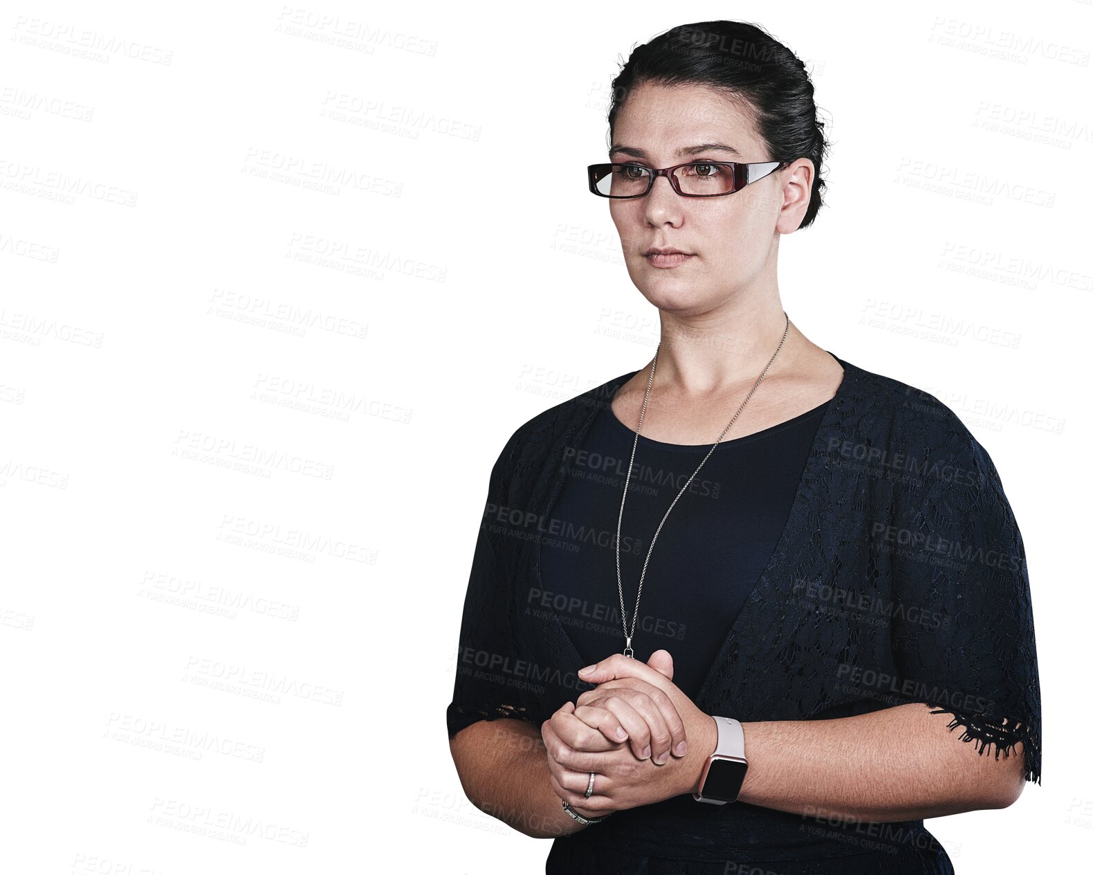 Buy stock photo Teacher, woman is serious or stern in glasses for education and academic professional on png transparent background. Educator, school or university professor for learning, knowledge and vision