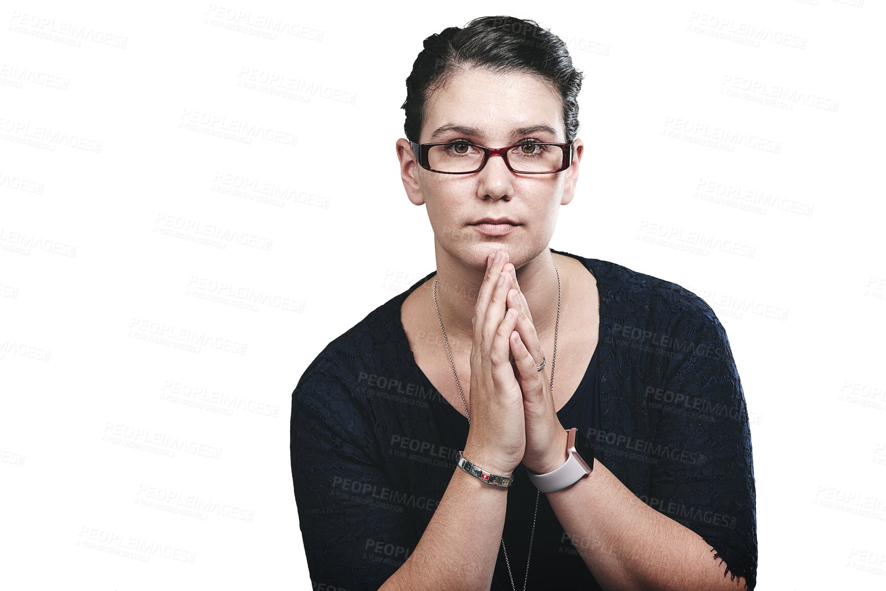 Buy stock photo Portrait, thinking and serious with woman in glasses isolated on transparent background for vision or eyesight. Face, planning and eyewear with confident person on PNG in prescription frame lenses