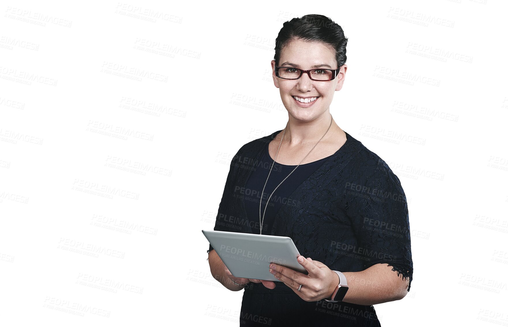 Buy stock photo Smile, tablet and portrait of woman networking on social media, app or the internet for communication. Happy, digital technology and female person read blog on website by transparent png background.