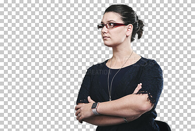 Buy stock photo Thinking, business and woman with decision, arms crossed and professional isolated on a transparent background. Png, ideas and employee with problem solving and planning for a project with solution