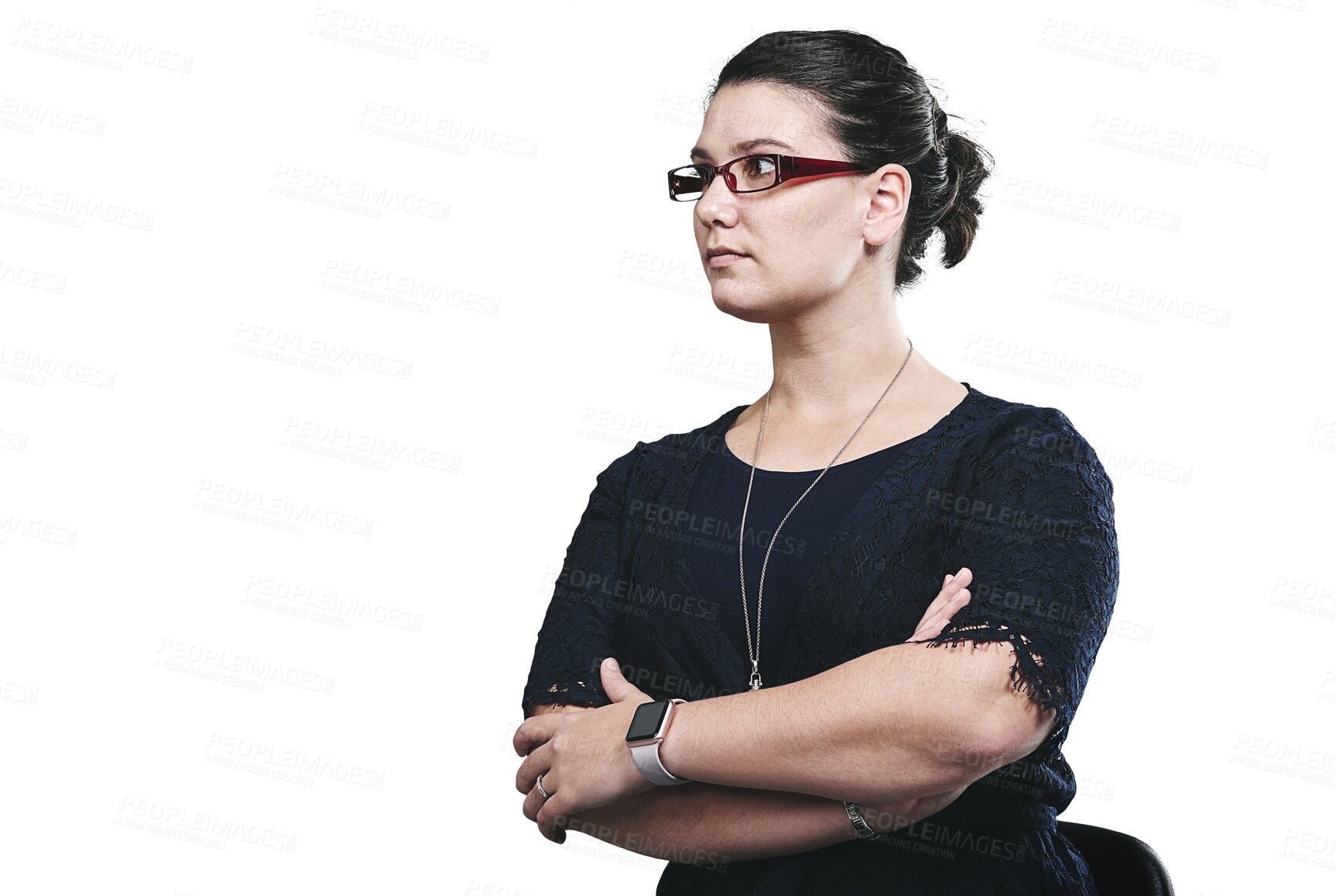 Buy stock photo Thinking, business and woman with decision, arms crossed and professional isolated on a transparent background. Png, ideas and employee with problem solving and planning for a project with solution