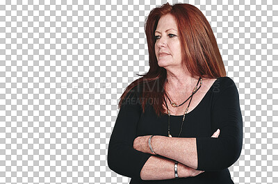 Buy stock photo Thinking, business or senior woman with arms crossed, solution or entrepreneur isolated on transparent background. Png, person or professional with problem solving or planning for project with choice