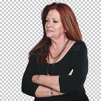Buy stock photo Thinking, business and woman with arms crossed, decision or creative isolated on transparent background. Png, mature person or museum curator with problem solving or planning for project and artist