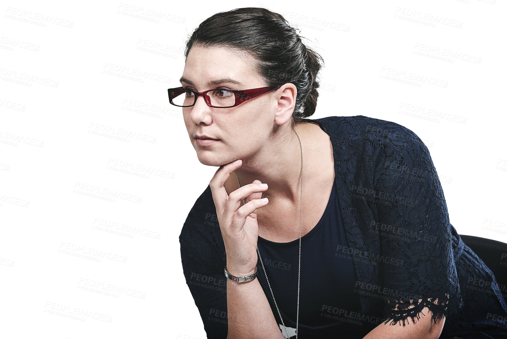 Buy stock photo Face, thinking and serious with woman in glasses isolated on transparent background for vision or eyesight. Eyewear, future or planning with confident young person on PNG in prescription frame lenses