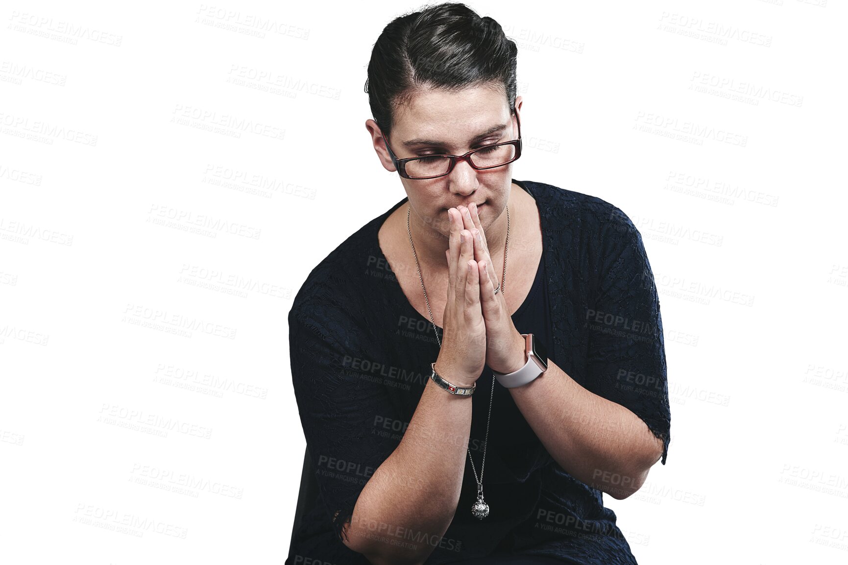 Buy stock photo Thinking, problem solving or worry with woman in glasses isolated on transparent background for decision. Hope, praying or question and serious person with regret for mistake in eyewear on PNG