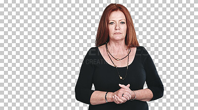 Buy stock photo Spiritual, esoteric and portrait of mature woman with confidence isolated on transparent png background. Mystic, gypsy or professional psychic advisor for consulting with trust, pride and mystery.