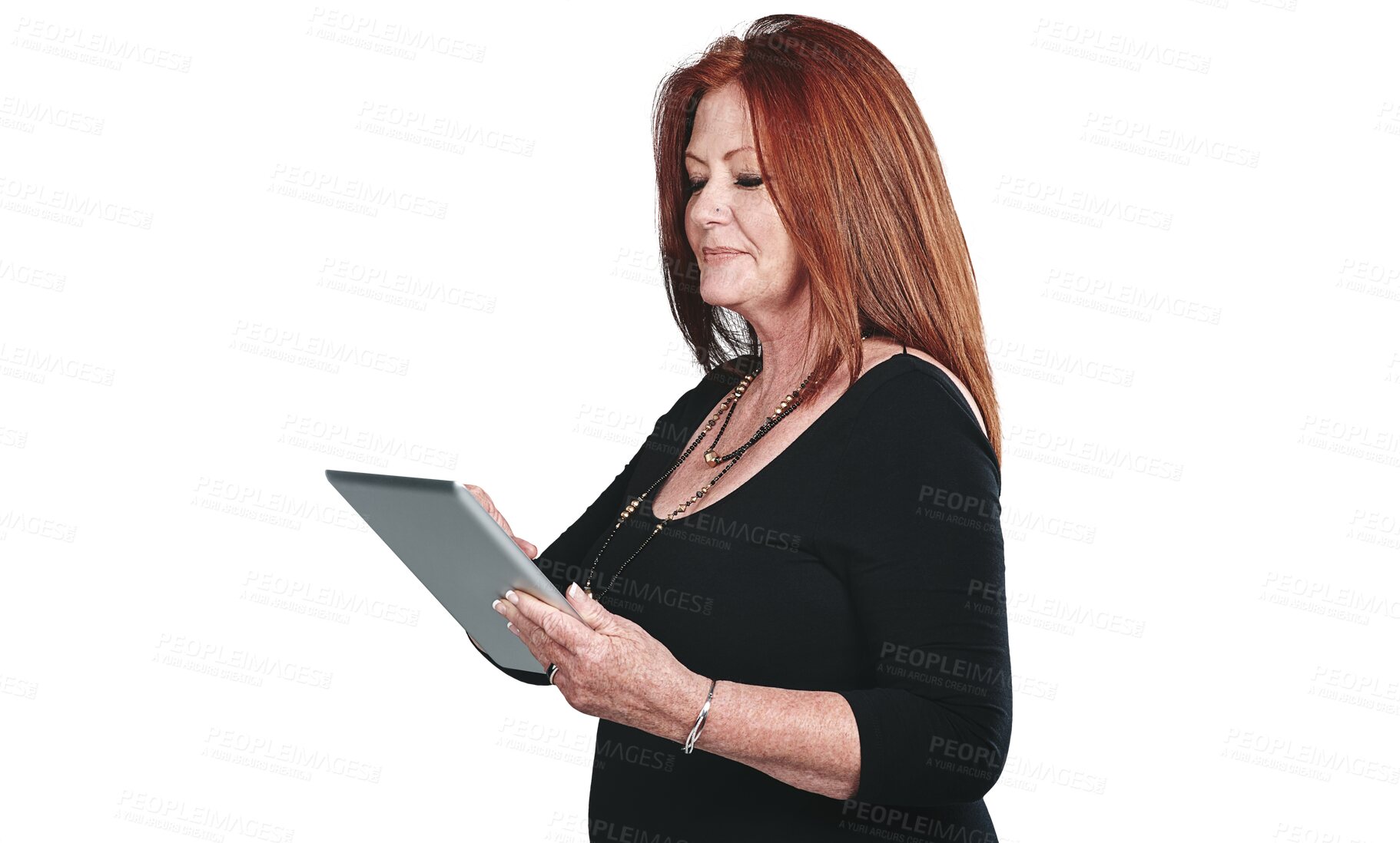 Buy stock photo Smile, tablet and mature woman networking on social media, app or the internet for communication. Happy, digital technology and female person read blog on website by transparent png background.