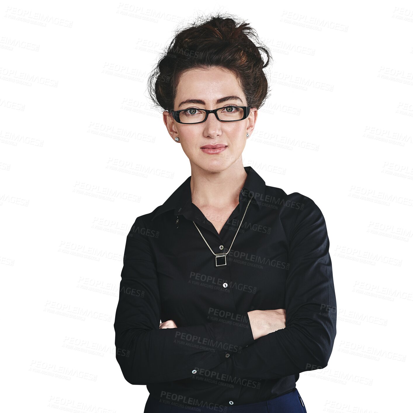 Buy stock photo Portrait, fashion and arms crossed with woman in glasses isolated on transparent background for vision. Optometry, eyewear or prescription frame lenses with confident young model on PNG for eyesight