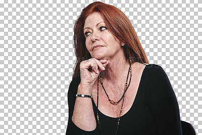 Buy stock photo Face, thinking and problem solving with mature woman isolated on transparent background for decision. Future, planning and question with confused employee on PNG for company choice or option