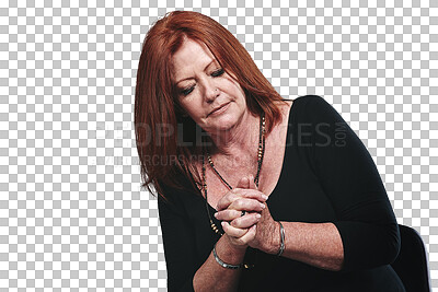 Buy stock photo Stress, nervous and mature business woman isolated on transparent background for creative decision. Anxiety, tax or debt and company employee on PNG with worry for audit, economy or bankruptcy
