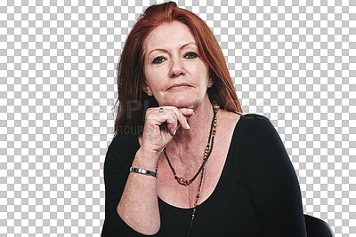 Buy stock photo Portrait, mature or redhead woman with confidence or elegance on isolated transparent png background. Older businesswoman, entrepreneur or female business owner with hand, smile and classy jewellery