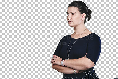Buy stock photo Thinking, business and woman with creative, arms crossed or employee isolated on transparent background. Png, serious person or fashion designer with solution and ideas with decision and planning