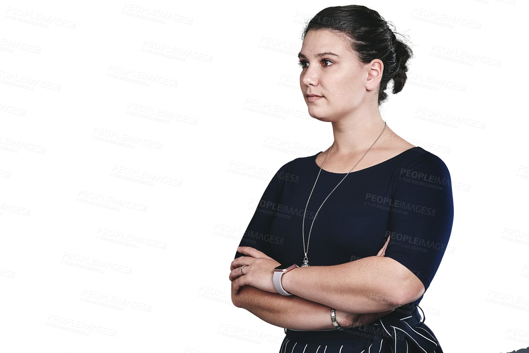 Buy stock photo Thinking, business and woman with creative, arms crossed or employee isolated on transparent background. Png, serious person or fashion designer with solution and ideas with decision and planning