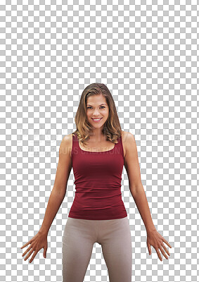 Buy stock photo Portrait, smile and exercise with sports woman in studio isolated on transparent background for health. Fitness, training and workout with happy young athlete on PNG for wellness or improvement