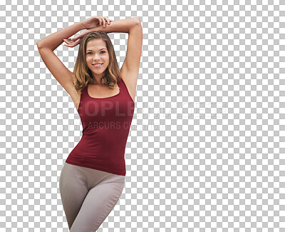 Buy stock photo Portrait, workout and fitness with sports woman in studio isolated on transparent background for health. Exercise, training and smile with happy young athlete on PNG for wellness or improvement