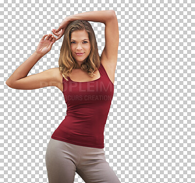 Buy stock photo Portrait, smile and exercise with sports athlete in studio isolated on transparent background for health. Fitness, training and sports with happy young person on PNG for wellness or improvement