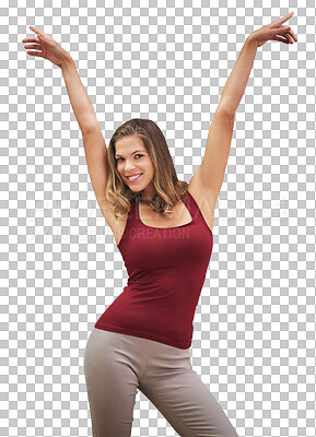 Buy stock photo Portrait, fitness and energy with sports woman in studio isolated on transparent background for health. Exercise, smile and training with happy young athlete on PNG for wellness or improvement