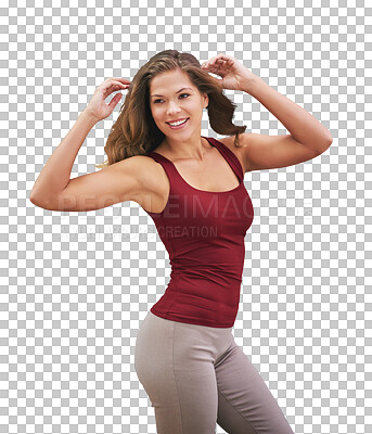 Buy stock photo Happy, woman and energy for fitness with fashion and confidence in transparent, isolated or png background. Girl, smile and model with strong muscle in casual streetwear style or sportswear clothes