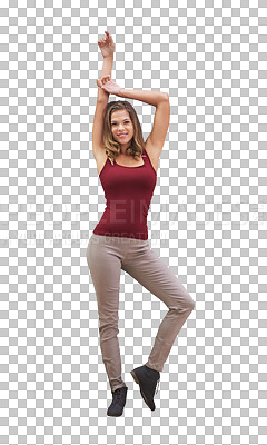Buy stock photo Portrait, fashion and smile with carefree woman isolated on transparent background for trendy style. Dance, confident and cheerful with happy young person as clothing model in casual outfit on PNG